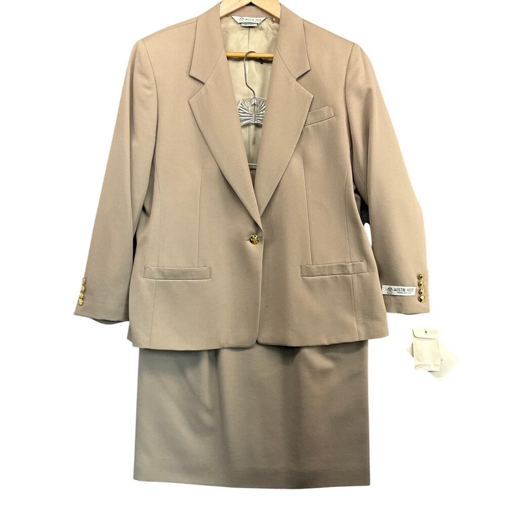 Austin Reed Vintage 100% Wool Tan Professional Skirt Suit Set Women 14 Petite